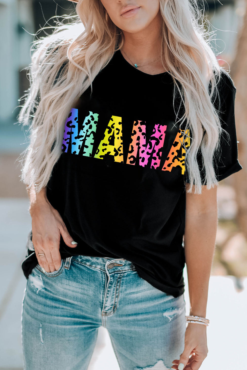 Rainbow Pride Leopard MAMA Graphic T-Shirt