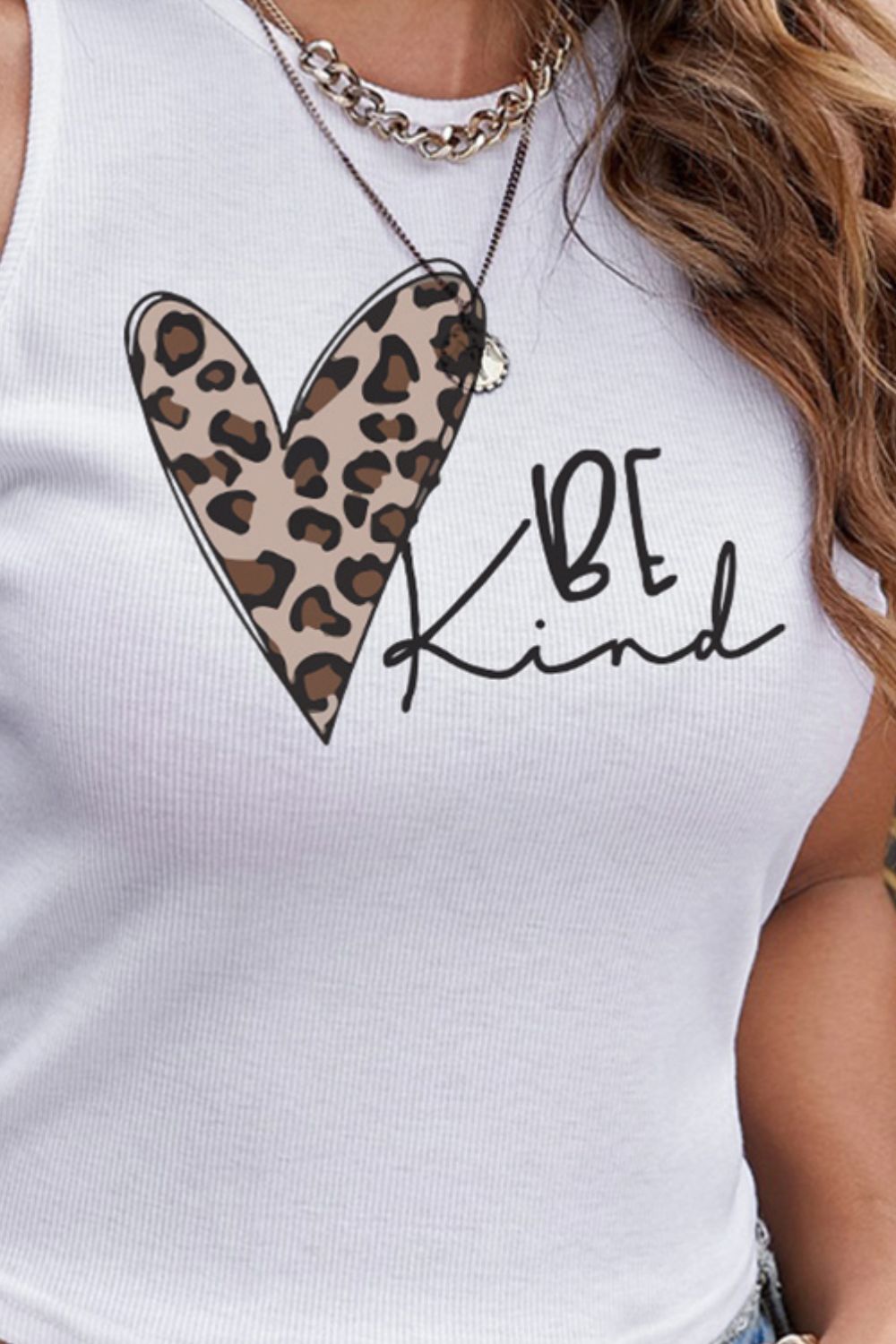 BE KIND Leopard Print Ribbed Round Neck Graphic Tank