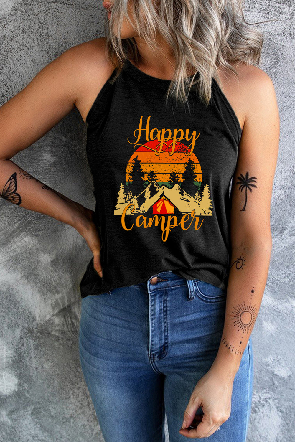 Happy Camper Grecian Neck Graphic Tank