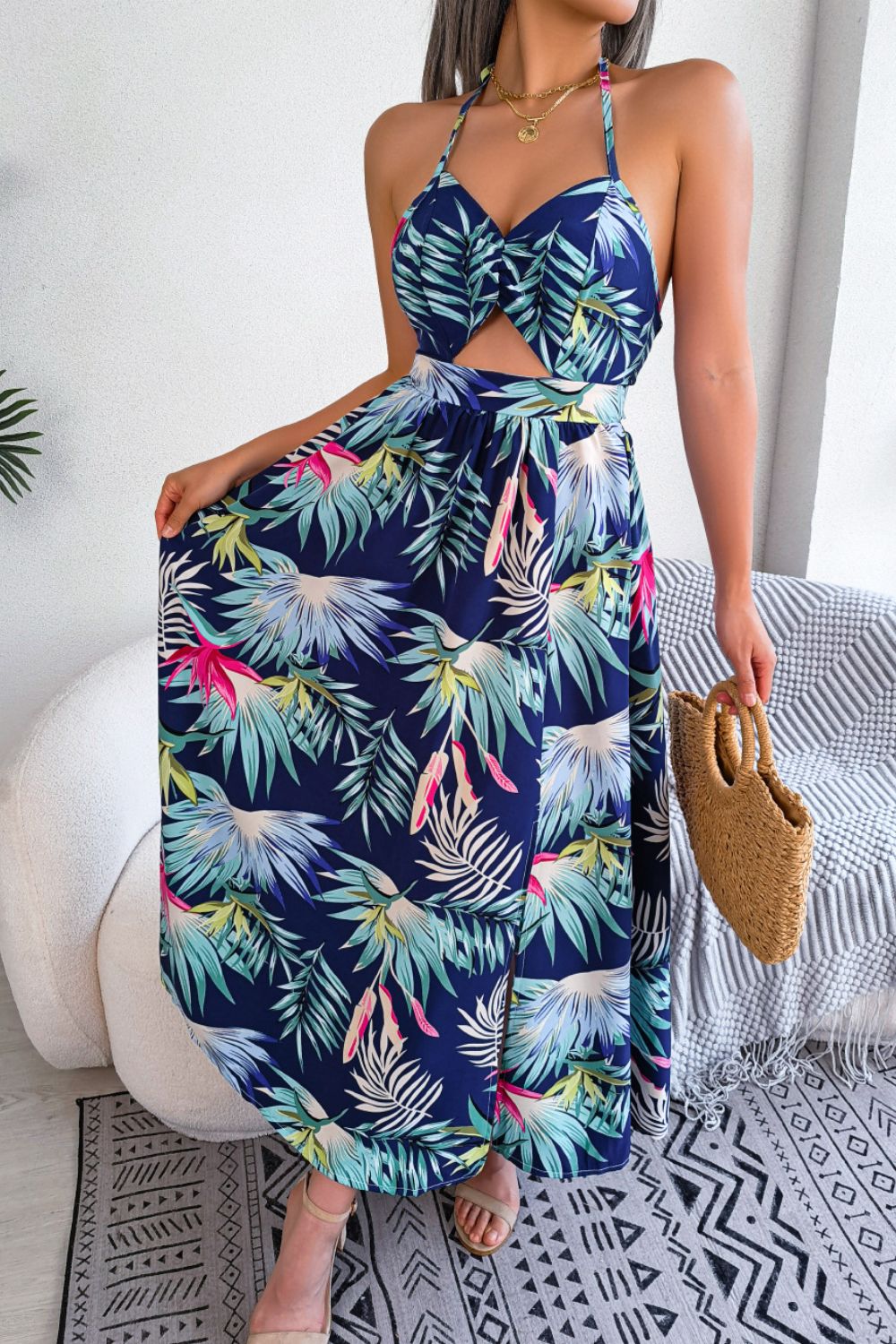 "Island Plants" Print Tied Backless Cutout Slit Dress