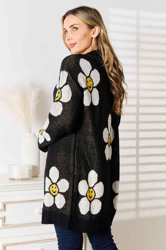 Double Take Floral Smiley Face Emoji Button Down Longline Cardigan
