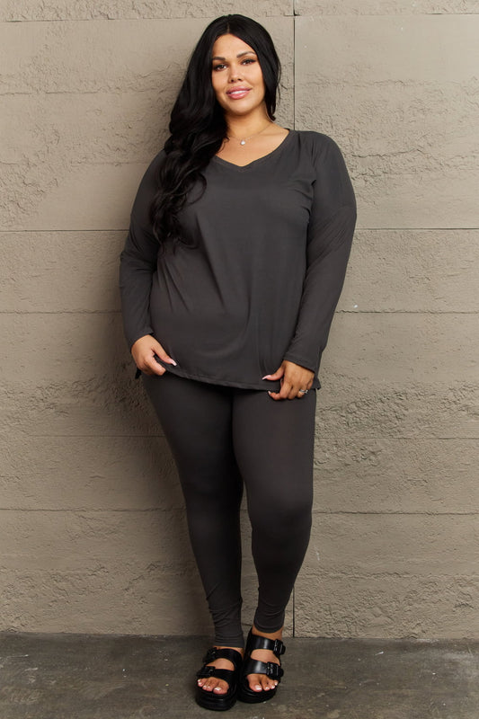Zenana Lazy Days Full Size Long Sleeve and Leggings Set in Charcoal
