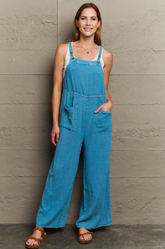 HEYSON Playful Mineral Wash Gauze Overalls in Turquoise