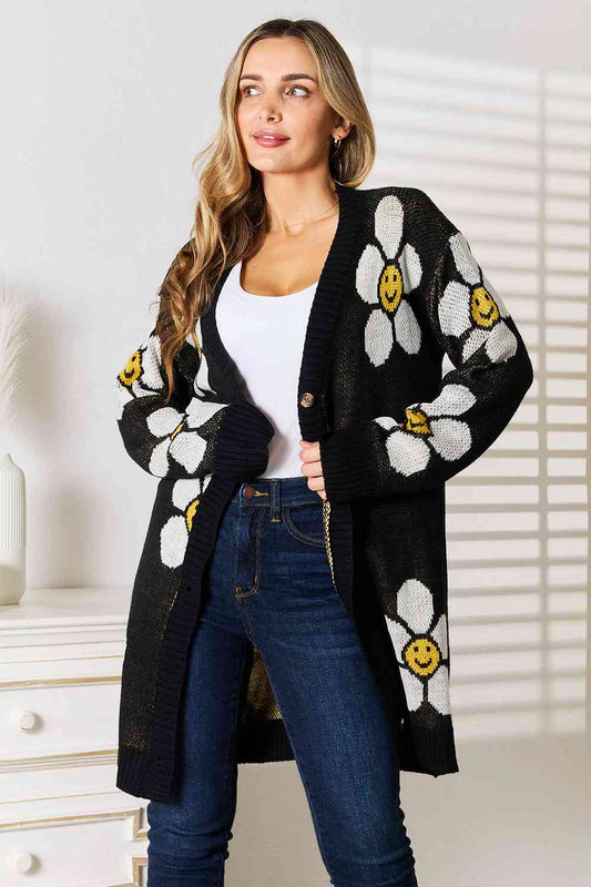 Double Take Floral Smiley Face Emoji Button Down Longline Cardigan