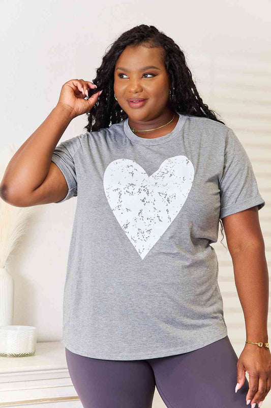 Simply Love Heart Graphic Cuffed Short Sleeve T-Shirt in Heather Gray