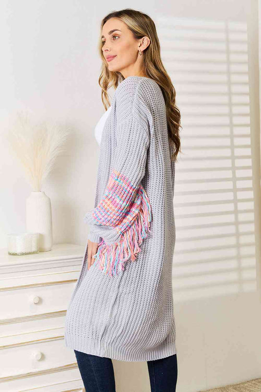 Woven Right Fringe Sleeve Dropped Shoulder Cardigan in Cloudy Blue