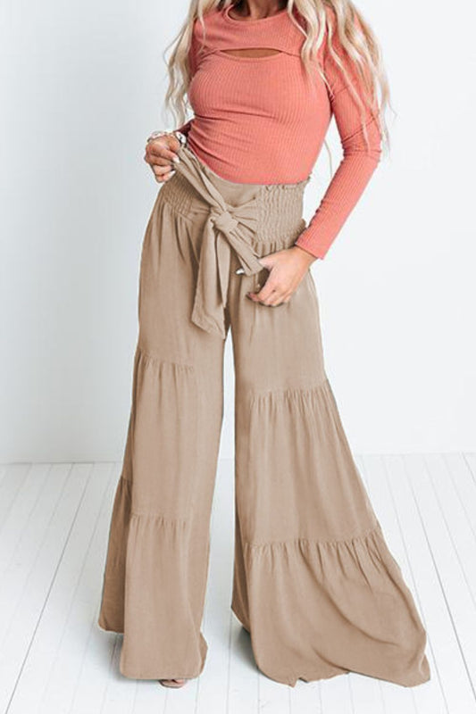 Flowy Tie Front Smocked Tiered Culottes