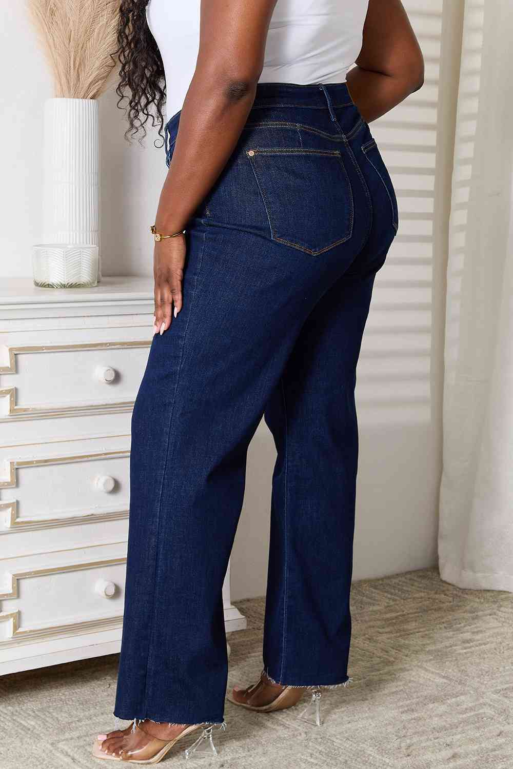 Judy Blue Full Size Raw Hem Dark Straight Leg Jeans with Pockets