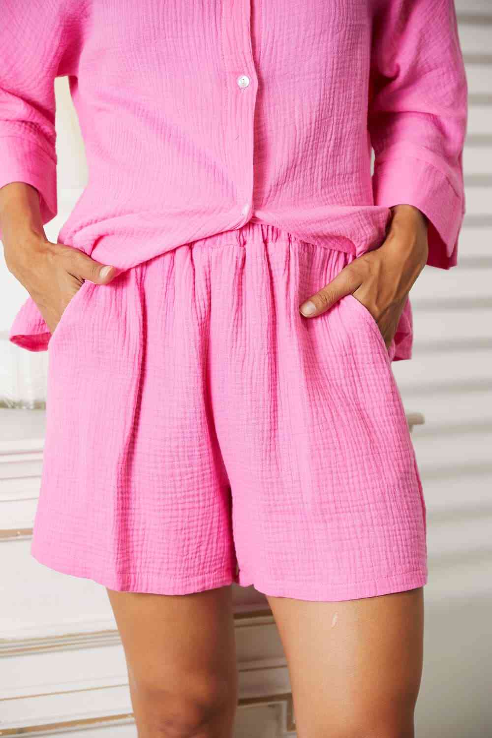 Double Take  Fuchsia Pink Textured Shirt and Elastic Waist Shorts with Pockets