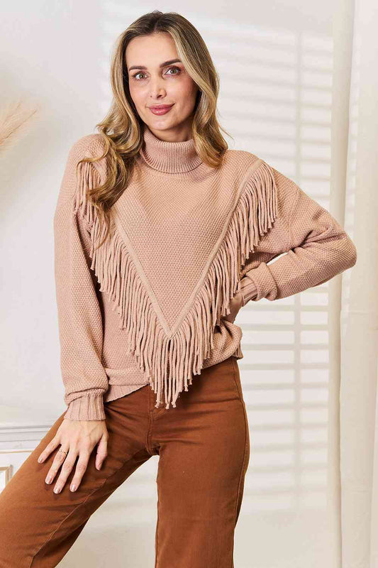 Woven Right Turtleneck Fringe Front Long Sleeve Sweater in Camel Brown