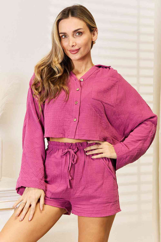 Basic Bae Buttoned Long Sleeve Top and Shorts Set in Fuchsia Pink
