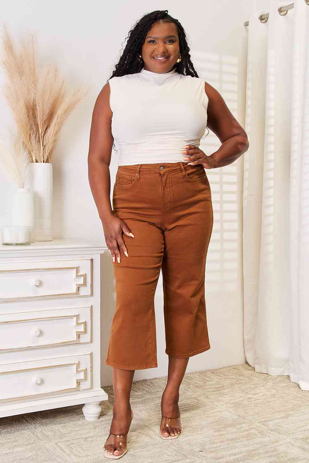 Judy Blue Full Size Tummy Control Garment Dyed Wide Crop in Caramel Brown