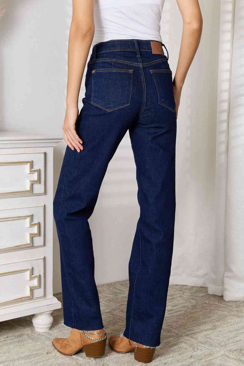Judy Blue Full Size Raw Hem Dark Straight Leg Jeans with Pockets