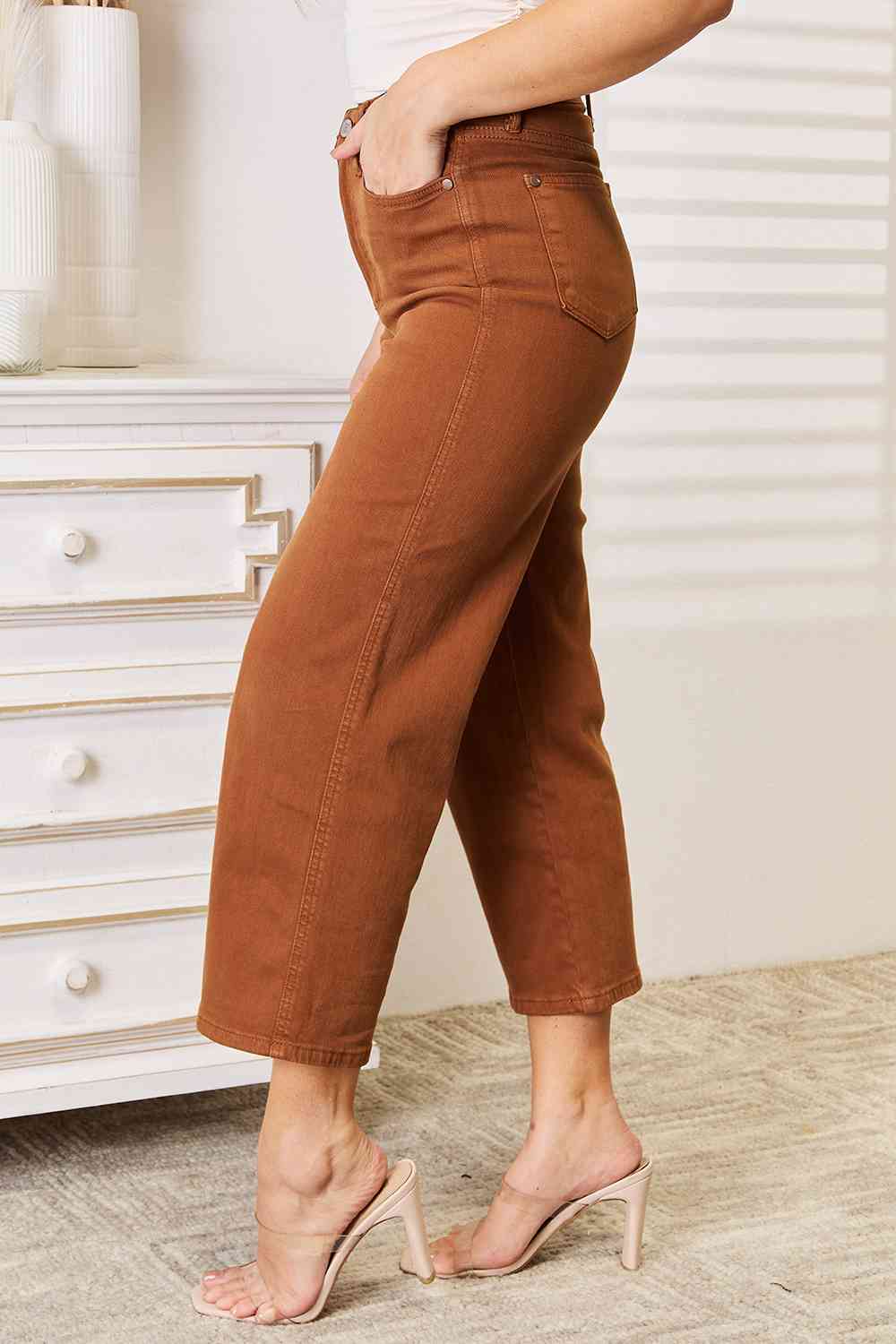 Judy Blue Full Size Tummy Control Garment Dyed Wide Crop in Caramel Brown