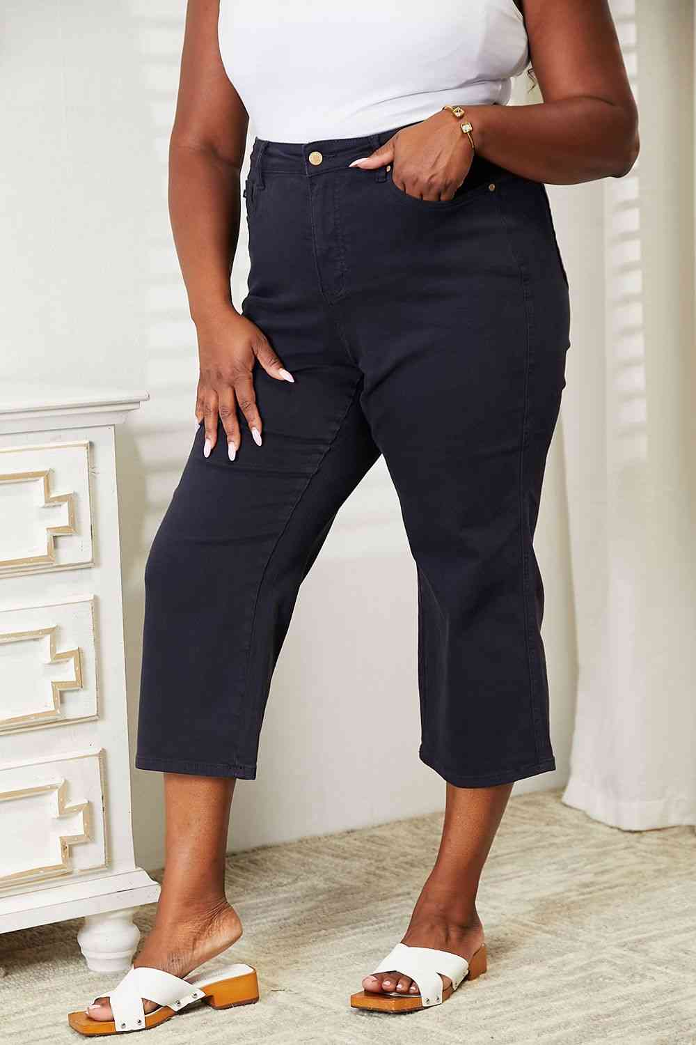 Judy Blue Full Size High Waist Tummy Control Garment Dyed NAVY Wide Cropped Jeans