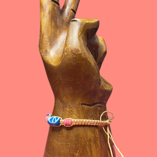Peace Symbol Beaded Weave Tie Bracelet Anklet Blue Pink and Tan