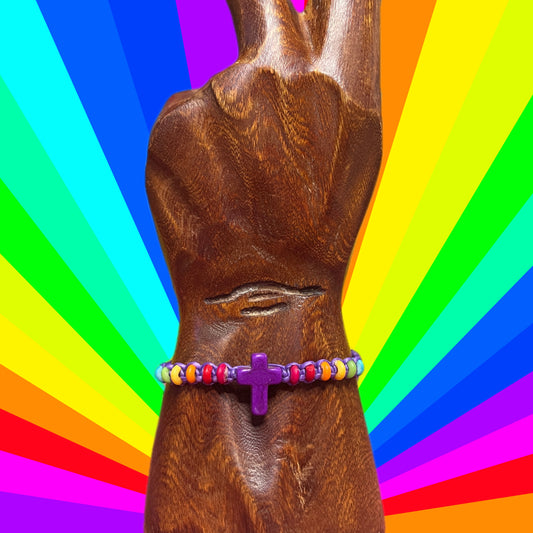 Rainbow Cross Bracelet Anklet Beaded Purple Tie
