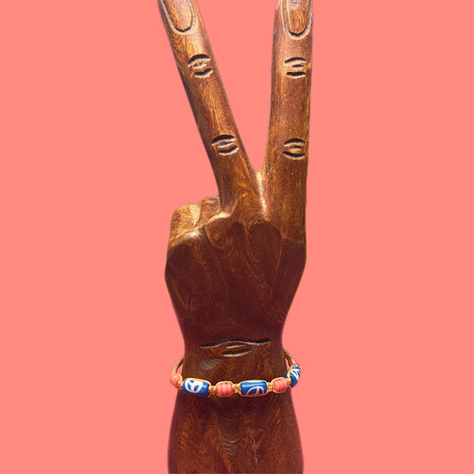 Peace Symbol Beaded Weave Tie Bracelet Anklet Blue Pink and Tan