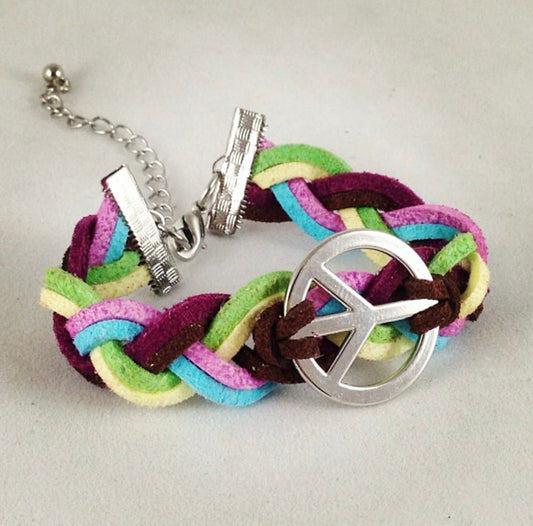 Rainbow Peace Sign Bracelet Genuine Leather with Chain Link Clasp